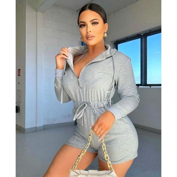 Pants - Gray Long Sleeve Hoodie Hooded Romper Playsuit